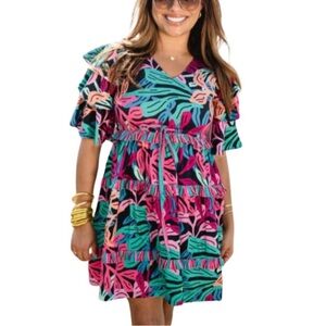 Briton Court NWT Reese Mini Tropical Colorful Leaf Print Dress Sz S/M